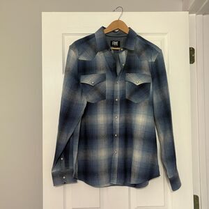 Frye Western Flannel Shirt Mens L Blue Plaid Long Sleeve Pearl Snaps Workwear
